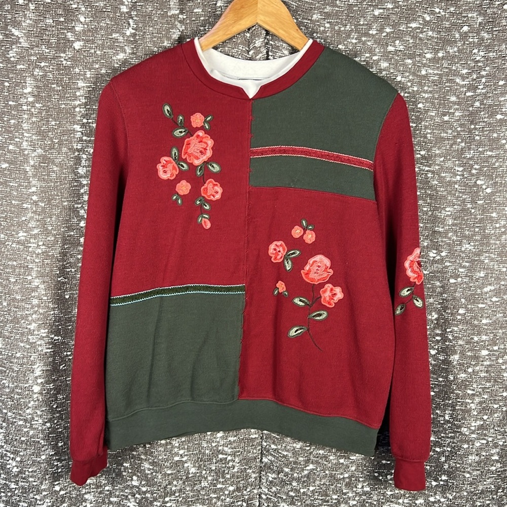 Napa Valley Floral Embroidered Long Sleeve Crewneck Sweater Mock Under Shirt